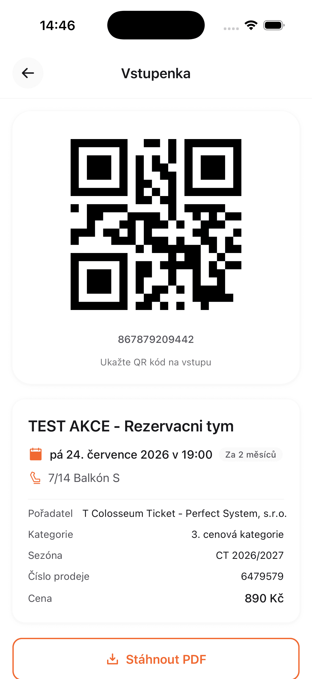 Mobilní aplikace Colosseum — QR vstupenka