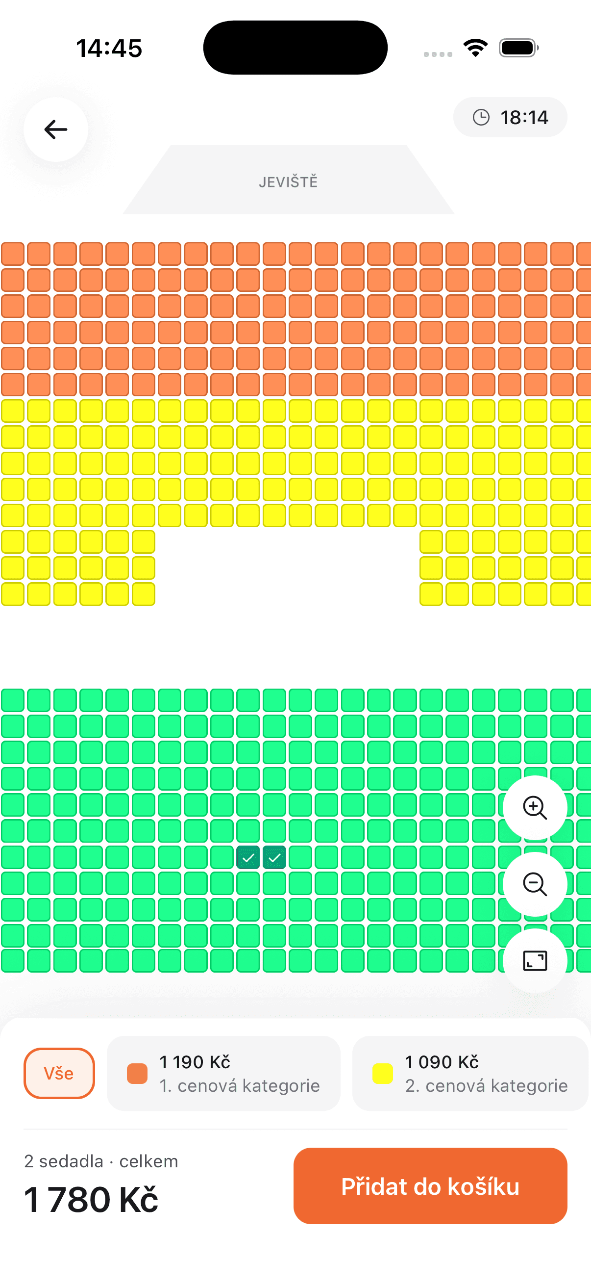 Mobilní aplikace Colosseum — mapa sedadel